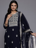 Varanga Women Navy Blue Round Neck Thread Embroidered Kurta Paired With Bottom And Dupatta