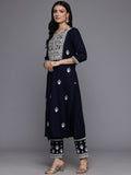 Varanga Women Navy Blue Round Neck Thread Embroidered Kurta Paired With Bottom And Dupatta