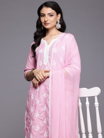 Varanga Women Pink Chikankari Kurta Set with Dupatta