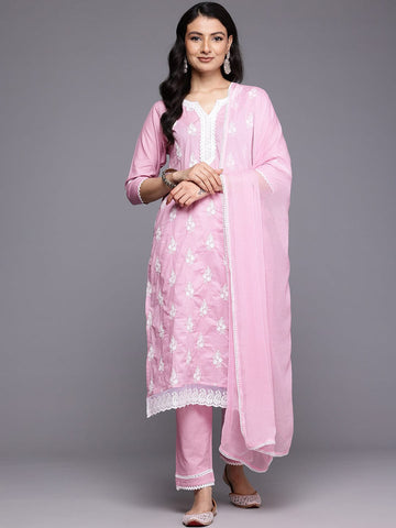 Varanga Women Pink Chikankari Kurta Set with Dupatta