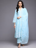 Varanga Women Blue Thread Embroidered with Lace Detailing Kurta with Tonal Bottom and Embroidered Cotton Dupatta