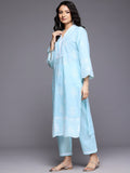 Varanga Women Blue Thread Embroidered with Lace Detailing Kurta with Tonal Bottom and Embroidered Cotton Dupatta