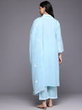 Varanga Women Blue Thread Embroidered with Lace Detailing Kurta with Tonal Bottom and Embroidered Cotton Dupatta