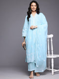 Varanga Women Blue Thread Embroidered with Lace Detailing Kurta with Tonal Bottom and Embroidered Cotton Dupatta