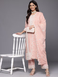 Varanga Women Peach Chikankari Embroidered Sequins Embellished Kurta With Bottom And Dupatta