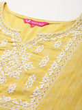 Varanga Women Mustard Woven Design Round Neck, Three Quarter Sleeves Paired With Tonal Bottom And Dupatta.