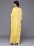 Varanga Women Mustard Woven Design Round Neck, Three Quarter Sleeves Paired With Tonal Bottom And Dupatta.