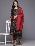 Varanga Women Black Round Neck Printed Embroidered Kurta Paired With Bottom And Dupatta