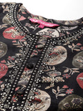 Varanga Women Black Round Neck Printed Embroidered Kurta Paired With Bottom And Dupatta