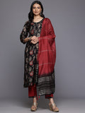 Varanga Women Black Round Neck Printed Embroidered Kurta Paired With Bottom And Dupatta