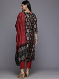 Varanga Women Black Round Neck Printed Embroidered Kurta Paired With Bottom And Dupatta