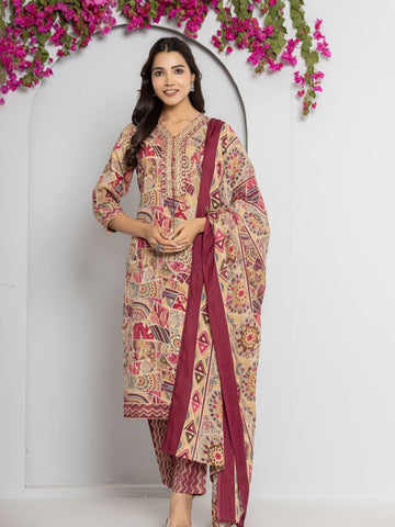 Varanga Women Pink V Neck Abstract Printed Kurta Paired With Bottom And Dupatta