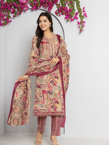 Varanga Women Pink V Neck Abstract Printed Kurta Paired With Bottom And Dupatta