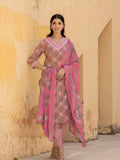 Varanga Women Pink V Neck Printed Kurta With Bottom And Dupatta