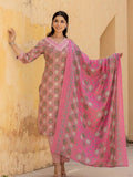 Varanga Women Pink V Neck Printed Kurta With Bottom And Dupatta