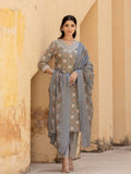 Varanga Women Grey V Neck Printed Kurta With Bottom And Dupatta