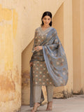 Varanga Women Grey V Neck Printed Kurta With Bottom And Dupatta