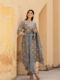 Varanga Women Grey V Neck Printed Kurta With Bottom And Dupatta