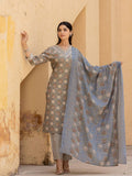 Varanga Women Grey V Neck Printed Kurta With Bottom And Dupatta