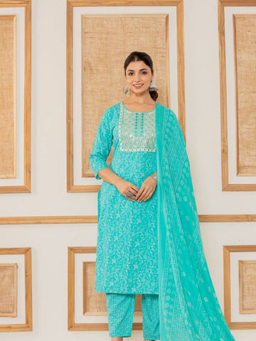 Varanga Women Blue Floral Printed Embroidered Kurta Paired With Bottom And Dupatta