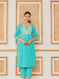 Varanga Women Blue Floral Printed Embroidered Kurta Paired With Bottom And Dupatta