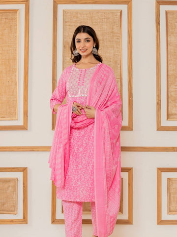 Varanga Women Pink Floral Printed Embroidered Kurta Paired With Bottom And Dupatta