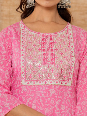 Varanga Women Pink Floral Printed Embroidered Kurta Paired With Bottom And Dupatta