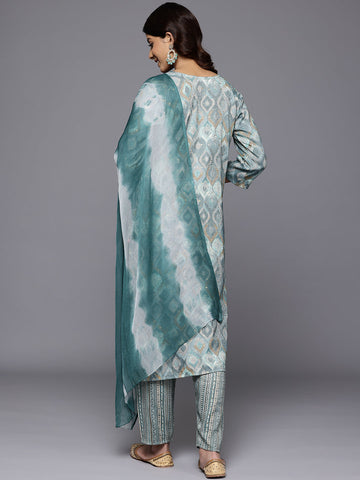 Varanga Women Turquoise Blue Round Neck Embroidered Yoke Printed Kurta Paired With Printed Bottom & Tie-Dye Dupatta