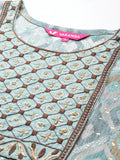 Varanga Women Turquoise Blue Round Neck Embroidered Yoke Printed Kurta Paired With Printed Bottom & Tie-Dye Dupatta