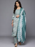 Varanga Women Turquoise Blue Round Neck Embroidered Yoke Printed Kurta Paired With Printed Bottom & Tie-Dye Dupatta