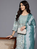 Varanga Women Turquoise Blue Round Neck Embroidered Yoke Printed Kurta Paired With Printed Bottom & Tie-Dye Dupatta