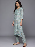 Varanga Women Turquoise Blue Round Neck Embroidered Yoke Printed Kurta Paired With Printed Bottom & Tie-Dye Dupatta