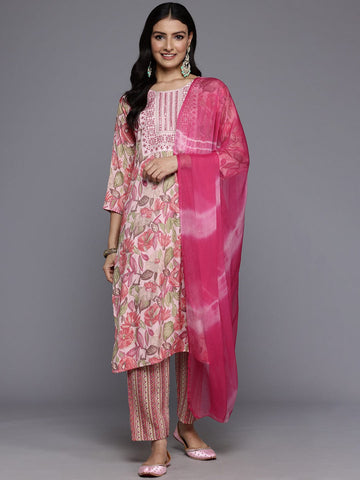 Varanga Women Peach Round Neck Embroidered Yoke Printed Kurta Paired With Printed Bottom & Tie-Dye Dupatta