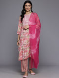 Varanga Women Peach Round Neck Embroidered Yoke Printed Kurta Paired With Printed Bottom & Tie-Dye Dupatta