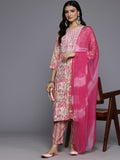 Varanga Women Peach Round Neck Embroidered Yoke Printed Kurta Paired With Printed Bottom & Tie-Dye Dupatta