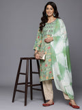 Varanga Women Mint Green Round Neck Embroidered Yoke Printed Kurta Paired With Printed Bottom & Tie-Dye Dupatta