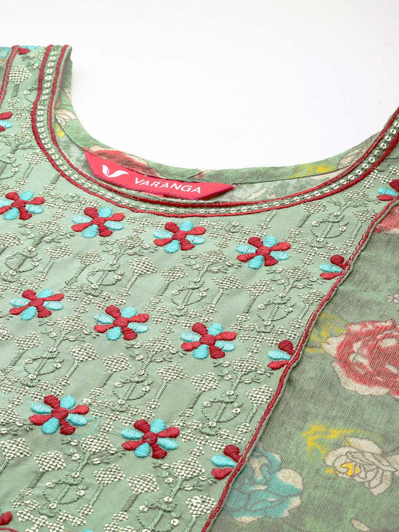 Varanga Women Mint Green Round Neck Embroidered Yoke Printed Kurta Paired With Printed Bottom & Tie-Dye Dupatta