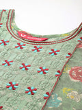 Varanga Women Mint Green Round Neck Embroidered Yoke Printed Kurta Paired With Printed Bottom & Tie-Dye Dupatta