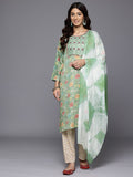 Varanga Women Mint Green Round Neck Embroidered Yoke Printed Kurta Paired With Printed Bottom & Tie-Dye Dupatta