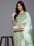 Varanga Women Mint Green Round Neck Embroidered Yoke Printed Kurta Paired With Printed Bottom & Tie-Dye Dupatta