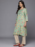 Varanga Women Mint Green Round Neck Embroidered Yoke Printed Kurta Paired With Printed Bottom & Tie-Dye Dupatta