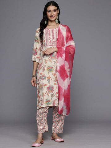 Varanga Women Off White Round Neck Embroidered Yoke Printed Kurta Paired With Printed Bottom & Tie-Dye Dupatta