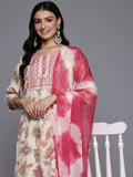 Varanga Women Off White Round Neck Embroidered Yoke Printed Kurta Paired With Printed Bottom & Tie-Dye Dupatta