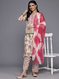 Varanga Women Off White Round Neck Embroidered Yoke Printed Kurta Paired With Printed Bottom & Tie-Dye Dupatta