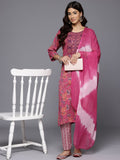 Varanga Women Pink Round Neck Embroidered Yoke Printed Kurta Paired With Printed Bottom & Tie-Dye Dupatta