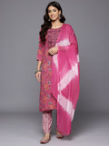 Varanga Women Pink Round Neck Embroidered Yoke Printed Kurta Paired With Printed Bottom & Tie-Dye Dupatta