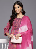 Varanga Women Pink Round Neck Embroidered Yoke Printed Kurta Paired With Printed Bottom & Tie-Dye Dupatta