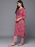 Varanga Women Pink Round Neck Embroidered Yoke Printed Kurta Paired With Printed Bottom & Tie-Dye Dupatta