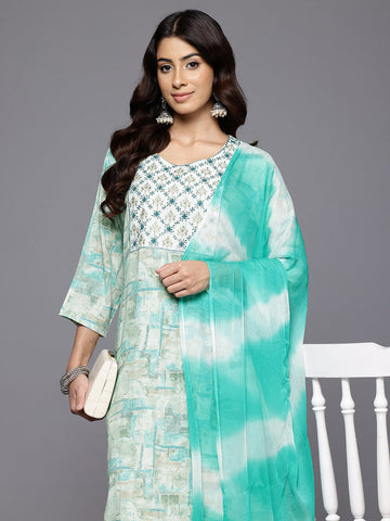 Varanga Women Turquoise Blue Round Neck Embroidered Yoke Printed Kurta Paired With Printed Bottom & Tie-Dye Dupatta