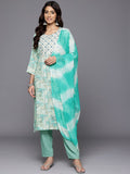 Varanga Women Turquoise Blue Round Neck Embroidered Yoke Printed Kurta Paired With Printed Bottom & Tie-Dye Dupatta